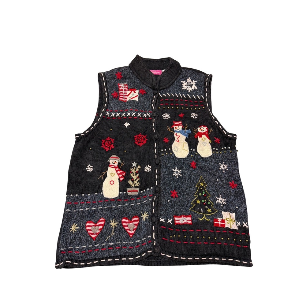 Vintage Pappagallo Christmas Sweater Vest Snowman Tree Black Knit Womens M 90s